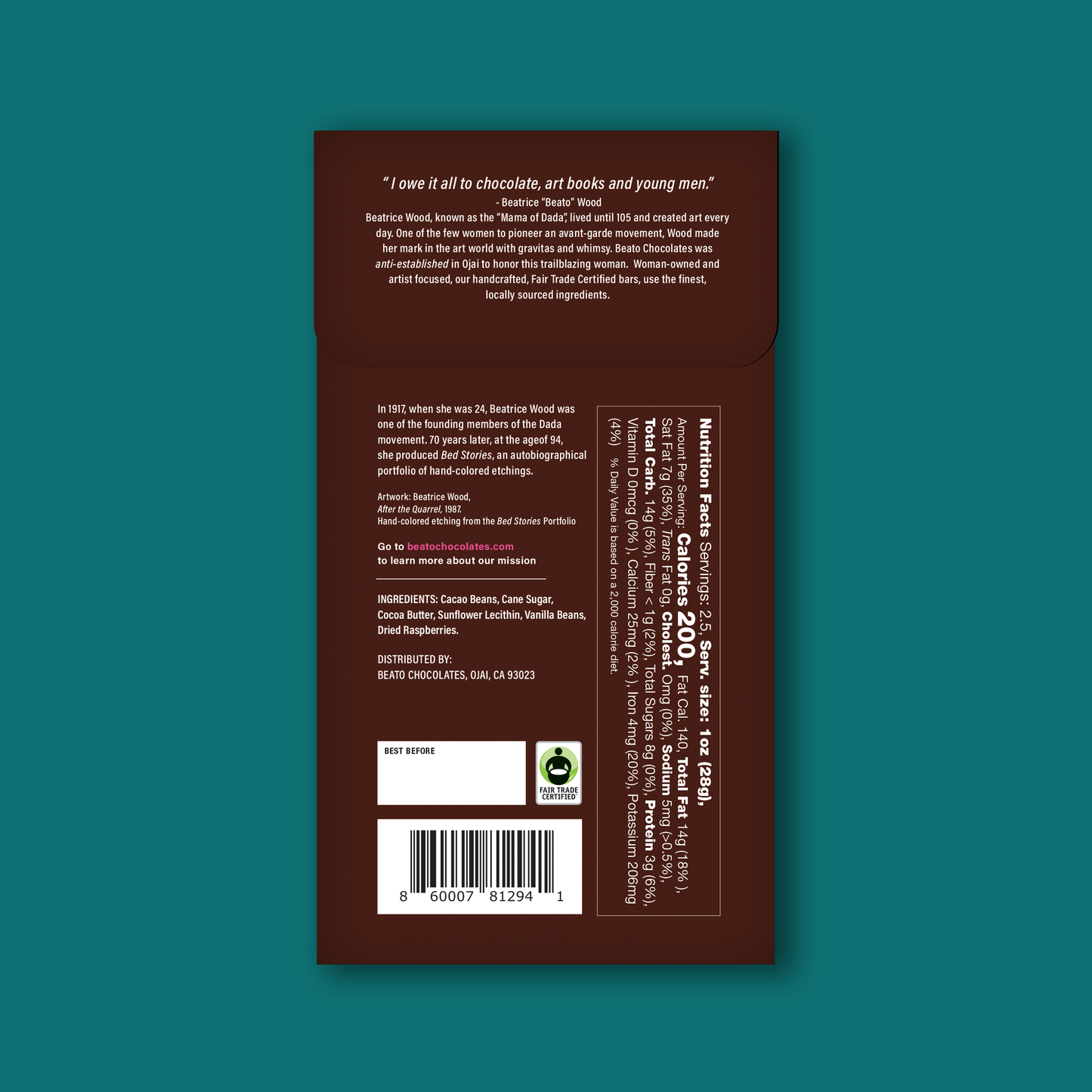 Cacao Beans, Cane Sugar, Cocoa Butter, Sunflower Lecithin, Vanilla Beans, Dried Raspberries